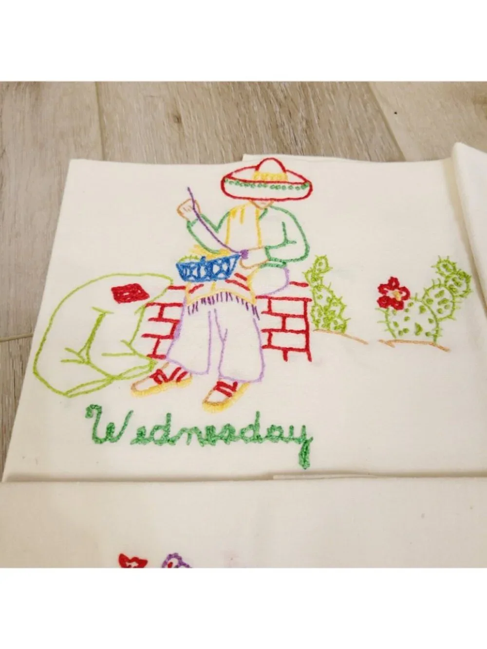 4 Hand-Embroidered Mexican Days Of The Week Tea Towels Cotton